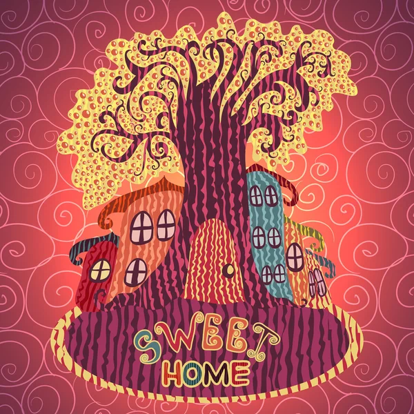 Vintage poster zoete huis. Cartoon concept kaart met huizen en boom in retro kleuren — Stockvector