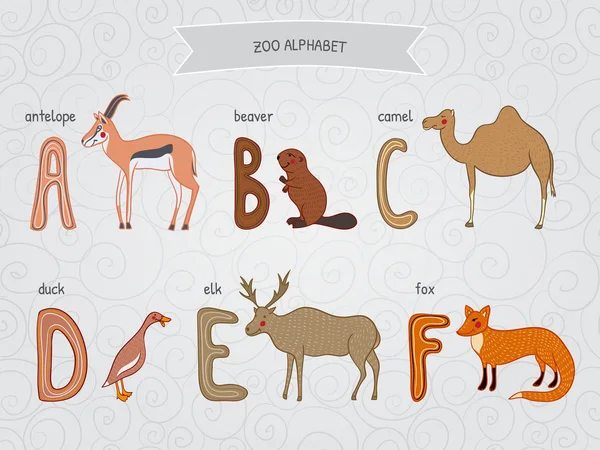 Carino cartone animato divertente alfabeto zoo in vettore. A, b, c, d, e, f lettere. Antelope, castoro, cammello, anatra, alce, volpe. Design in uno stile colorato . — Vettoriale Stock