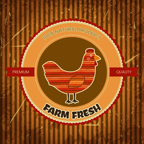 Fazenda orgânica engraçado rótulo dos desenhos animados com galinha. Cartaz retrô desenhado à mão ilustração vetorial — Vetor de Stock