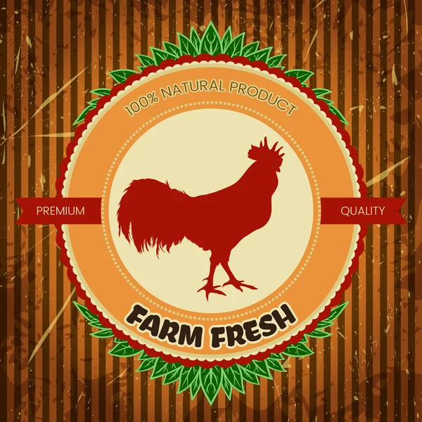 Rótulo vintage fazenda orgânica com galo de frango. Cartaz de ilustração vetorial desenhado à mão em estilo esboço — Vetor de Stock