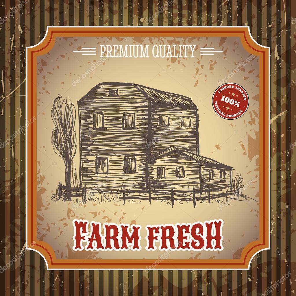 Organic farm vintage poster with farmhouse on the background texture of
