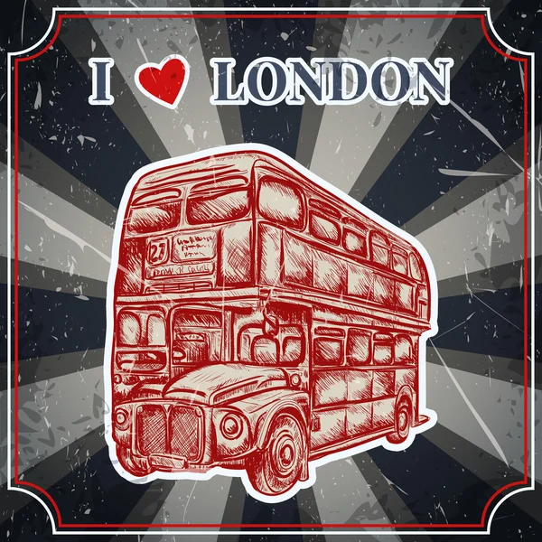 Vintage-Label mit englischem Bus auf Grunge-Hintergrund. Retro-handgezeichnetes Vektor-Illustrationsposter im Sketch-Stil 'Ich liebe London' — Stockvektor