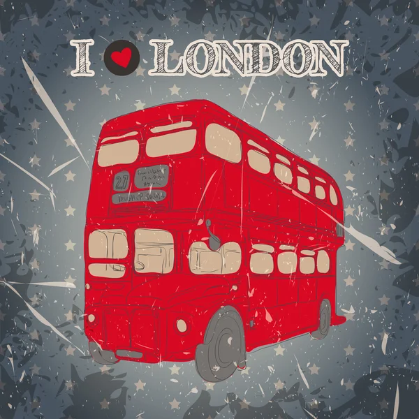 Vintage-Label mit englischem Bus auf Grunge-Hintergrund. Retro-handgezeichnetes Vektor-Illustrationsposter im Sketch-Stil 'Ich liebe London' — Stockvektor