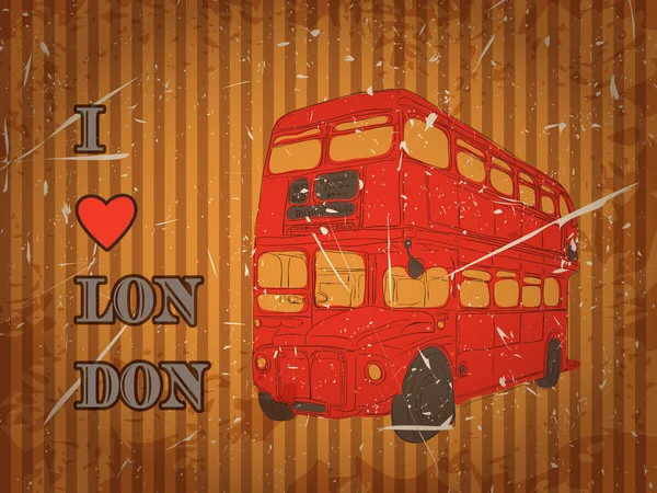 Vintage-Label mit englischem Bus auf Grunge-Hintergrund. Retro-handgezeichnetes Vektor-Illustrationsposter im Sketch-Stil 'Ich liebe London' — Stockvektor