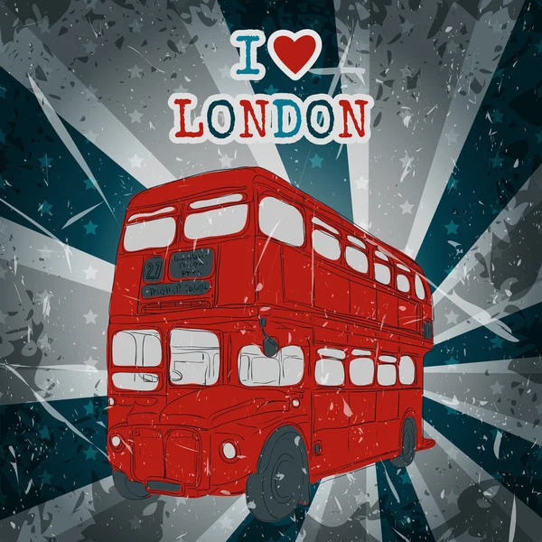 带有英式巴士背景音乐的古董标签。复古手绘矢量插图招贴画素描风格的"我爱伦敦" — 图库矢量图片