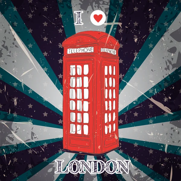 Vintage-Label mit londoner Telefonzelle auf Grunge-Hintergrund. Retro-handgezeichnetes Vektor-Illustrationsposter im Sketch-Stil 'Ich liebe London' — Stockvektor