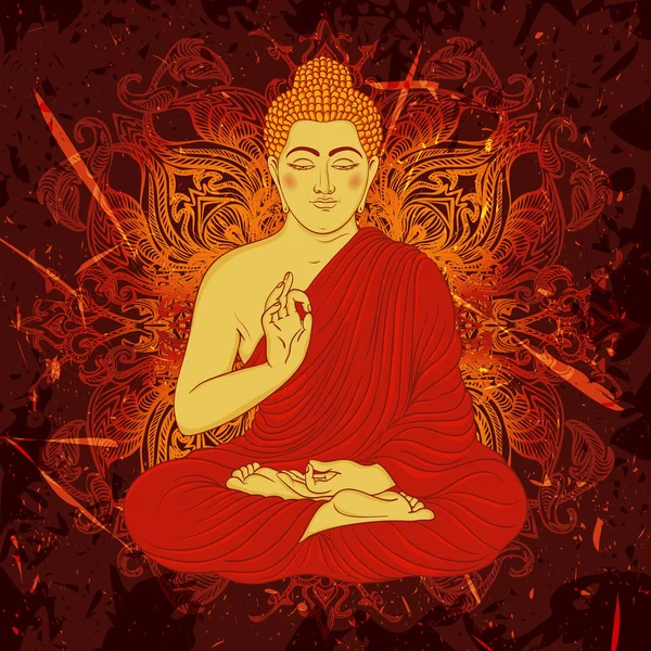Manifesto vintage con Buddha seduto sullo sfondo grunge. Illustrazione vettoriale disegnata a mano retrò — Vettoriale Stock