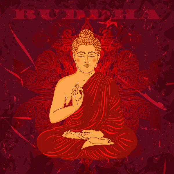 Cartel vintage con Buda sentado sobre el fondo grunge sobre un adornado patrón redondo de mandala. Ilustración vectorial dibujada a mano retro — Vector de stock