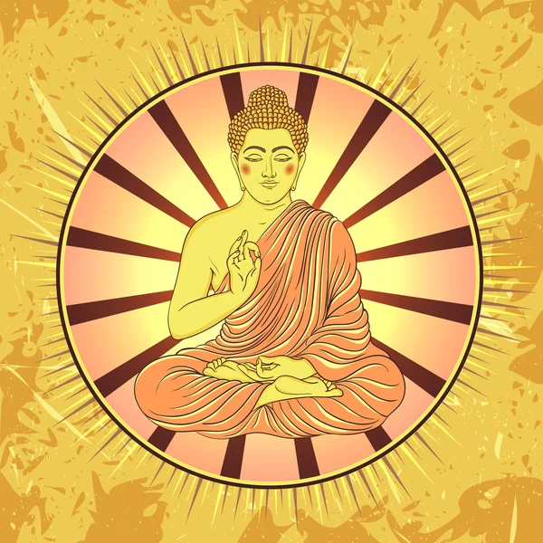 Poster antik dengan Buddha duduk di latar belakang grunge. Ilustrasi vektor gambar tangan retro - Stok Vektor