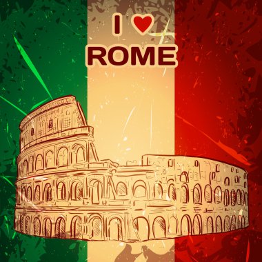 Grunge arka planında Colosseum olan klasik poster. 'Roma' yı seviyorum 'tarzında el yapımı taslak çizimi vektör çizimi
