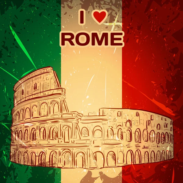 Vintage-Poster mit Colosseum auf Grunge-Hintergrund. Retro handgezeichnete Vektorillustration im Sketch-Stil 'Ich liebe Rom' — Stockvektor