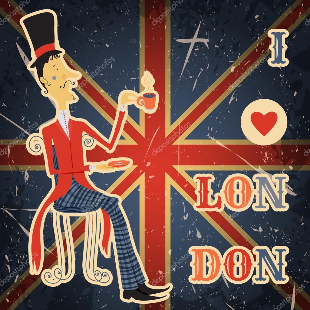 グランジの背景に英語の紳士とヴィンテージポスター レトロな手描きベクトルイラスト I Love London ロンドンが大好き ストックベクター C Kateja グランジの背景に英語の紳士とヴィンテージポスター レトロな手描きベクトルイラスト I Love London ロンドンが大好き ストックベクター C Kateja