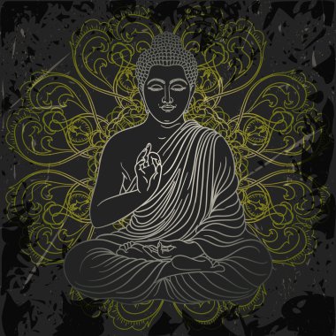 Buda grunge üzerinde oturan ile VINTAGE poster arka plan süslü mandala üzerinde yuvarlak desen. vektör çizim Retro el çekilmiş
