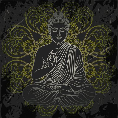 Vintage poster with sitting Buddha on the grunge background over ornate mandala round pattern. Retro hand drawn vector illustration clipart