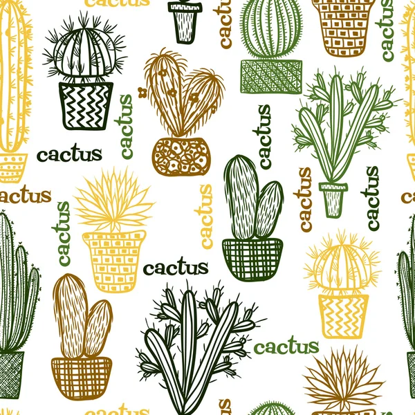 Platt seamless mönster med suckulenta växter och kaktusar i krukor. botaniska vektorbild set med söta blommor. — Stock vektor