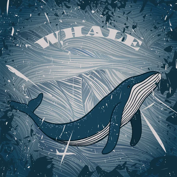 Vintage poster met walvis op mariene grunge achtergrond. Retro hand getekend vectorillustratie — Stockvector