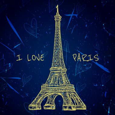 Grunge arka planında Eyfel Kulesi olan klasik poster. 'Paris' i seviyorum 'çizim tarzında elle çizilmiş vektör çizimi
