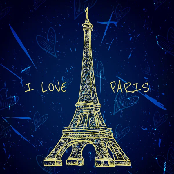 Cartel vintage con Torre Eiffel en el fondo grunge. Ilustración vectorial dibujada a mano retro en estilo de boceto 'I love Paris' — Vector de stock