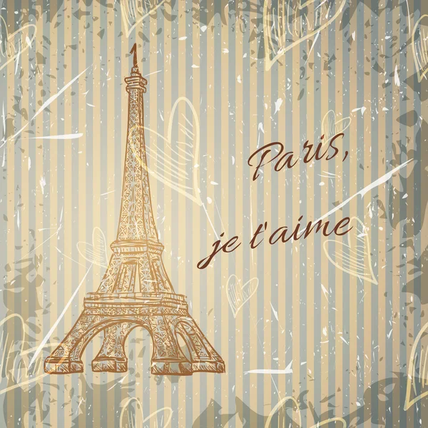 Cartel vintage con Torre Eiffel en el fondo grunge. Ilustración vectorial dibujada a mano retro en estilo de boceto 'I love Paris' — Vector de stock