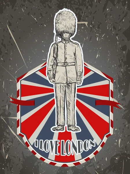 Vintage plakát s královskou britskou stráží na pozadí grunge. Retro ručně kreslené vektorové ilustrace ve stylu náčrtu 'Miluji Londýn' — Stockový vektor