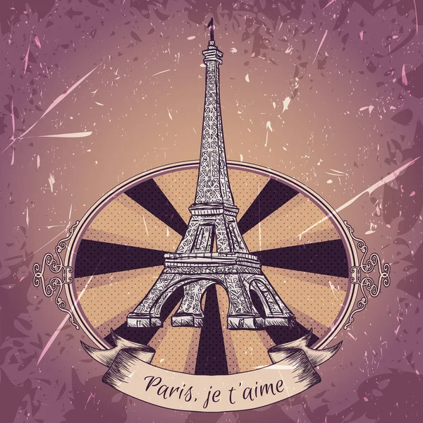 Cartel vintage con Torre Eiffel en el fondo grunge. Ilustración vectorial dibujada a mano retro en estilo de boceto 'I love Paris' — Vector de stock