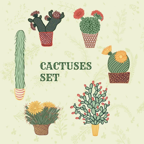 レトロな色の鉢にサボテンと多肉植物のフラット カラフルなイラスト かわいい花柄のベクトル植物グラフィック設定 ストックベクター C Kateja
