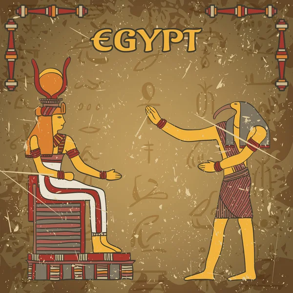 Винтажный плакат с египетским богом и фараоном на гранжевом фоне с силуэтами древних египетских иероглифов. Ретрографическая векторная иллюстрация — стоковый вектор
