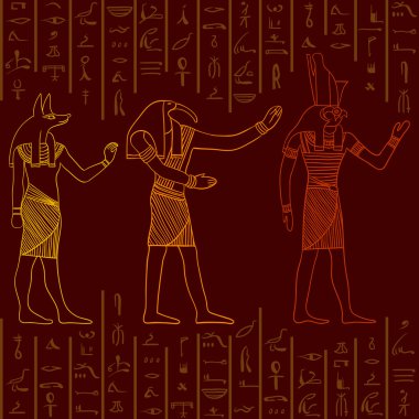 Vintage seamless pattern with egyptian gods on the grunge background with silhouettes of the ancient egyptian hieroglyphs. Retro hand drawn vector illustration