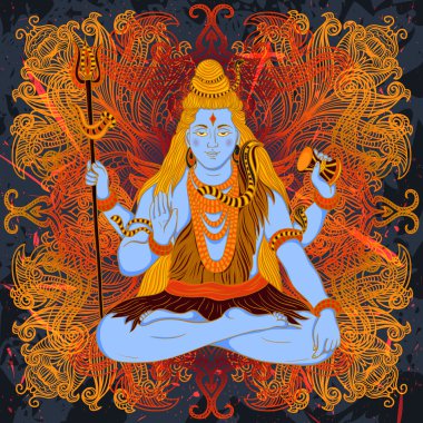 Desen yuvarlak oturma Hint tanrısı Shiva grunge arka plan üzerinde süslü mandala tarih ile VINTAGE poster. Vektör çizim Retro el çekilmiş