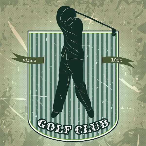 Vintage affisch med silhuetten av man spela golf. Retro hand dras vektor illustration lable "golf club" med grunge bakgrund — Stock vektor