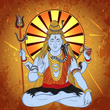 VINTAGE poster oturma Hint tanrısı Shiva grunge arka plan ile. Vektör çizim Retro el çekilmiş
