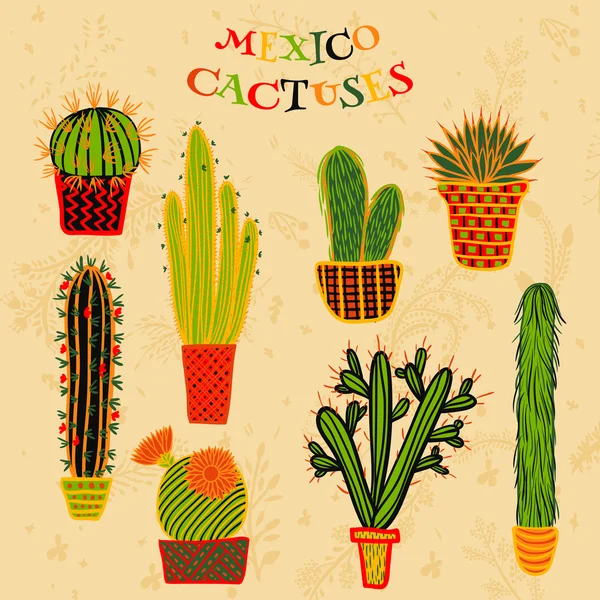 墨西哥的肉质植物和仙人掌在花盆里平色彩丰富的插画。矢量植物图形集与花香. — 图库矢量图片