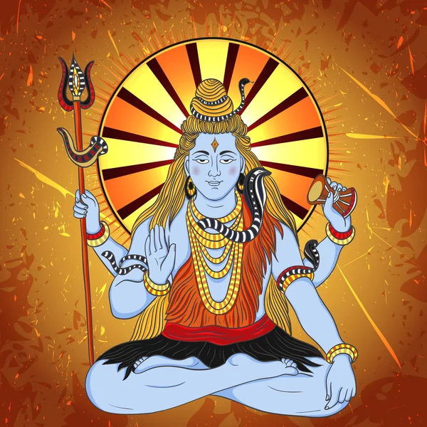 Poster vintage com sentado deus indiano Shiva no fundo grunge. Ilustração vetorial retrô desenhada à mão —  Vetores de Stock