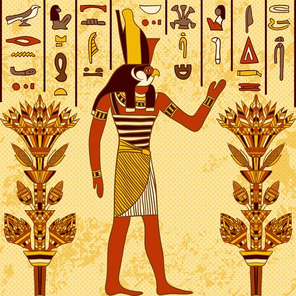 Vintage Poster mit ägyptischem Gott auf dem Grunge-Hintergrund mit altägyptischen Hieroglyphen und floralen Elementen. Retro handgezeichnete Vektor-Illustration — Stockvektor