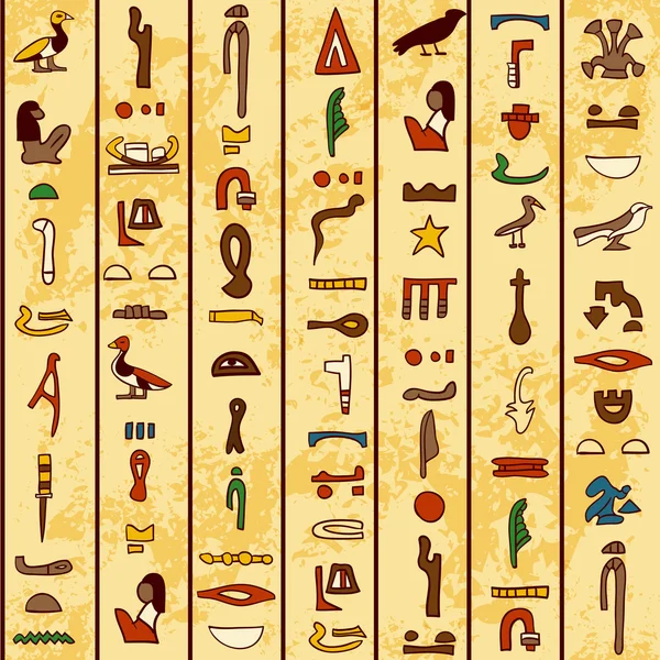 Padrão sem costura com hieróglifos egípcios antigos multicoloridos no papiro fundo de papel velho —  Vetores de Stock