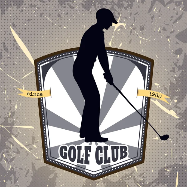 Vintage affisch med silhuetten av man spela golf. Retro hand dras vektor illustration etikett "golf club" med grunge bakgrund — Stock vektor