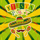 mexikanische Fiesta-Party mit Maracas, Sombrero und Schnurrbart. handgezeichnetes Vektor Illustration Poster mit Grunge Hintergrund