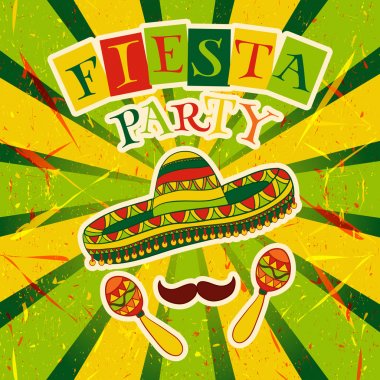 Mexican Fiesta Party Invitation with maracas, sombrero and mustache. Hand drawn vector illustration poster with grunge background