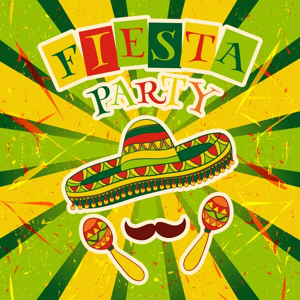 Mexican Fiesta Party Invitation with maracas, sombrero and mustache. Hand drawn vector illustration poster with grunge background — Stock Vector