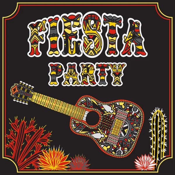 Fiesta Mexicana Fiesta Invitación con guitarra mexicana, cactus y colorido título étnico tribal adornado. Cartel de ilustración vectorial dibujado a mano con fondo grunge. Folleto o plantilla de tarjeta de felicitación — Archivo Imágenes Vectoriales