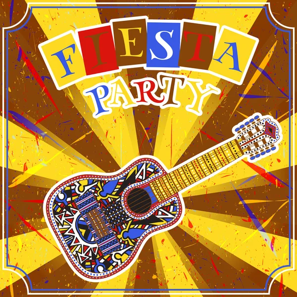 Festa messicana Invito al party con chitarra messicana e titolo colorato. Manifesto di illustrazione vettoriale disegnato a mano con sfondo grunge. Volantino o modello di biglietto di auguri — Vettoriale Stock