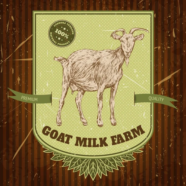 Etiqueta vintage granja orgánica con cabra en la textura de fondo grunge. Cartel de ilustración vectorial dibujado a mano retro en estilo de boceto 'granja de leche de cabra' — Vector de stock