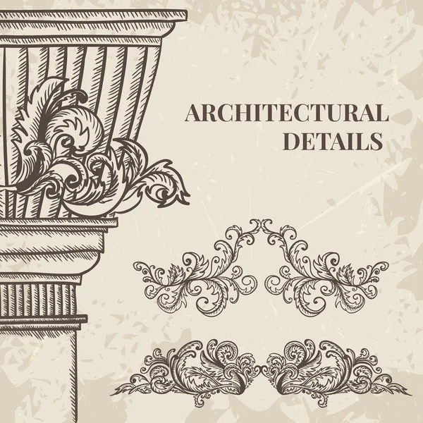 Ornamenti antichi e barocchi cartiglio e stile classico colonna vettoriale set. Dettagli architettonici vintage elementi di design su sfondo grunge in stile schizzo — Vettoriale Stock