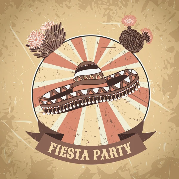 Mexican Fiesta Party etykiety z sombrero i kaktusy. Ręcznie rysowane wektor ilustracja plakat z tło grunge. Ulotki lub karty z pozdrowieniami szablon — Wektor stockowy