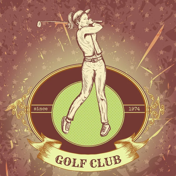 Vintage Label med kvinna som spelar golf. Retro handritade vektor illustration affisch "Golf Club" i skiss stil med grunge bakgrund — Stock vektor