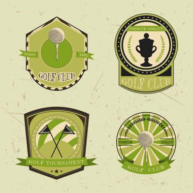 Golf kulübü logosu şablonları kümesi. Vintage spor golf topu, şampiyonluk Kupası ve bayraklar etiketlerle. Golf turnuvaları, kuruluşlar ve golf kulüpleri için zarif simgeler. Vektör logo tasarım.