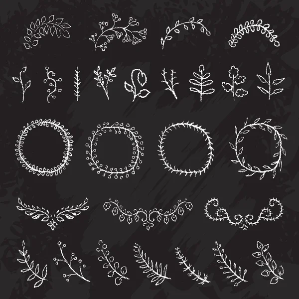 Hand Drawn Vintage Chalkboard Nature Vector Elements. Set of chalk flowers, branches and wreaths — Wektor stockowy