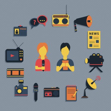 Vector illustration of Mass media journalism broadcasting news cast concept flat business icons set of paparazzi profession live radio for infographics design web elements