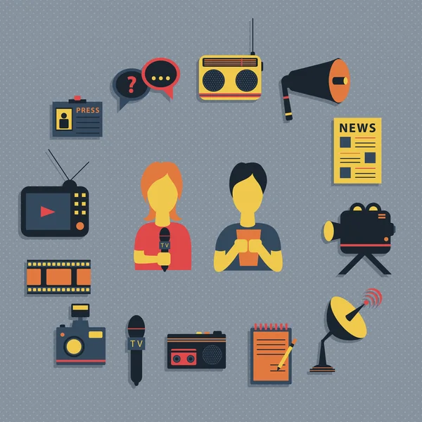 Ilustración vectorial de periodismo de medios de comunicación de difusión de noticias concepto de reparto plano iconos de negocios conjunto de la profesión paparazzi radio en vivo para elementos web de diseño de infografías — Vector de stock