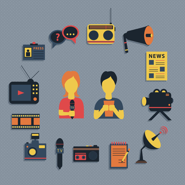 Векторная иллюстрация журналистики средств массовой информации, транслирующая концепцию плоских бизнес-иконок папарацци в прямом эфире радио для веб-элементов инфографического дизайна
